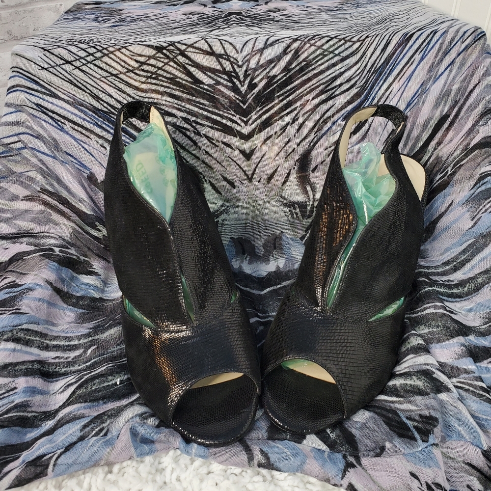 Minelli Black Open Toe Slingback Split Front Heels - image 2